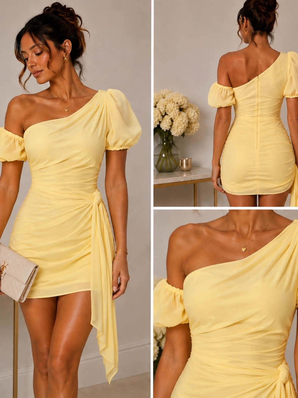 PrettyLittleThing Pastel Yellow One-Shoulder Ruched Mini Dress